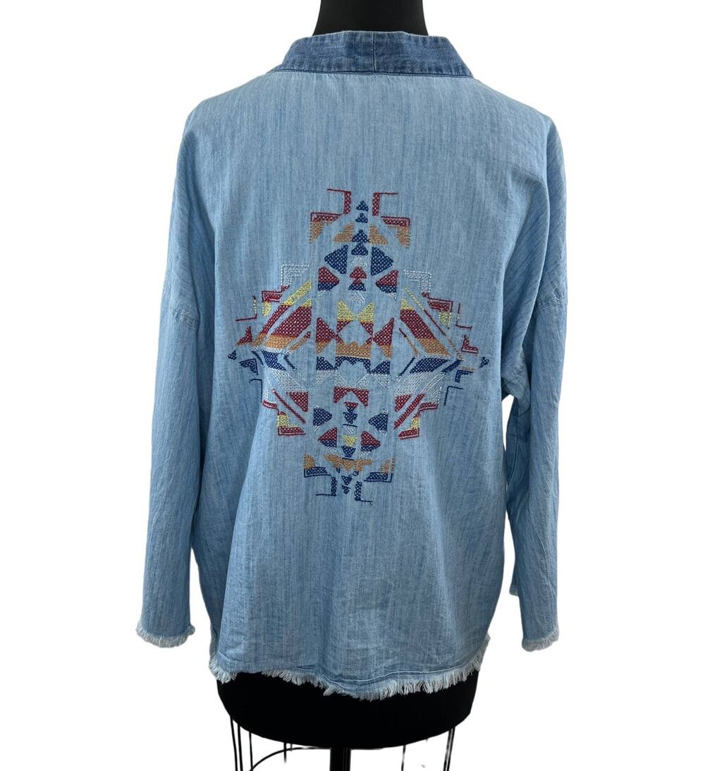 SUN + STONE Blue Chambray Embroidered Raw Hem Open Cardigan Jacket Aztec Boho S